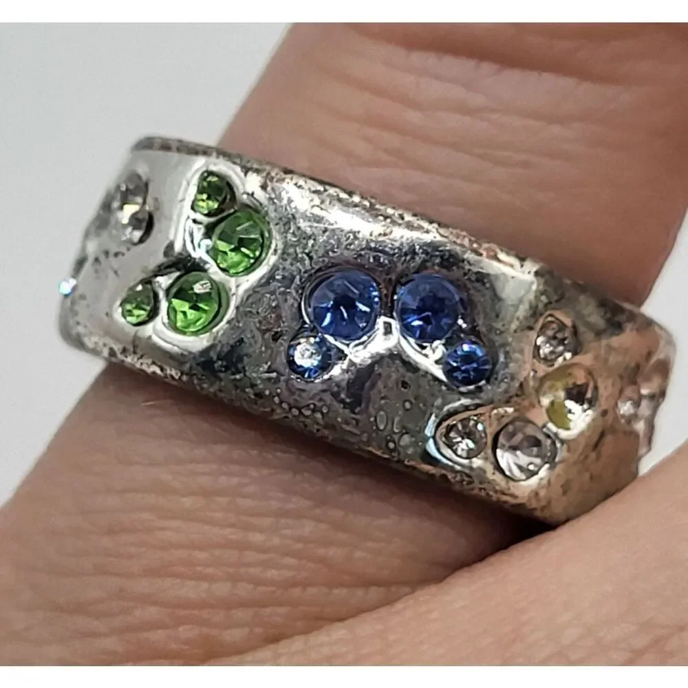 Exquisite Butterfly Silver Band Ring In A Size 6 W/Multi Colored Zirconia Stones
